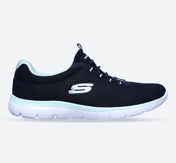 Women's Wide Fit Skechers 12980 Summits Slip On Sports Trainers - Navy/Aqua